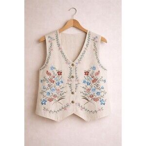 Vintage Floral Embroidered Cotton Vest Women L Boho Cottagecore Button